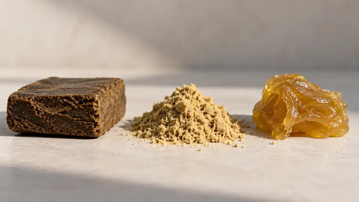 Comparaison résines CBD : hash pressé classique, Dry Sift et Piatella — trois textures, trois procédés
