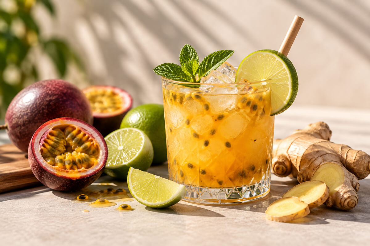 Cocktail CBD passion, citron vert et gingembre - La recette exotique sans alcool